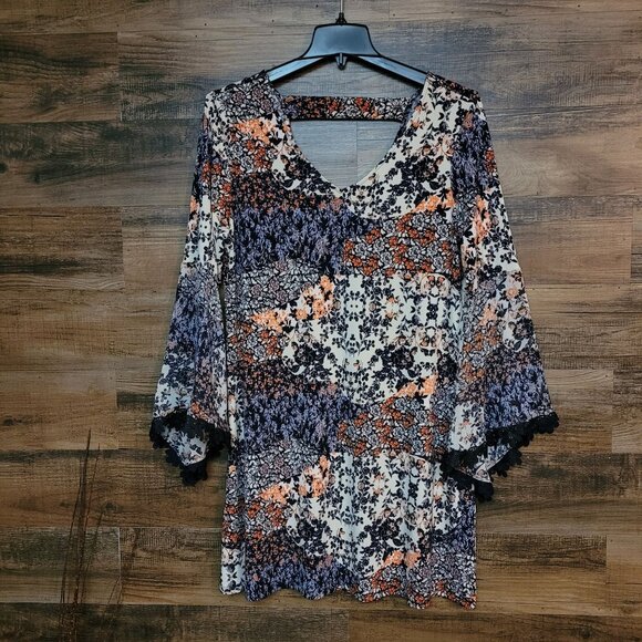 Dressbarn Shift Dress Size 14 Floral Chiffon Tulip Sleeve Lace V Neck Trim Boho - Picture 1 of 9
